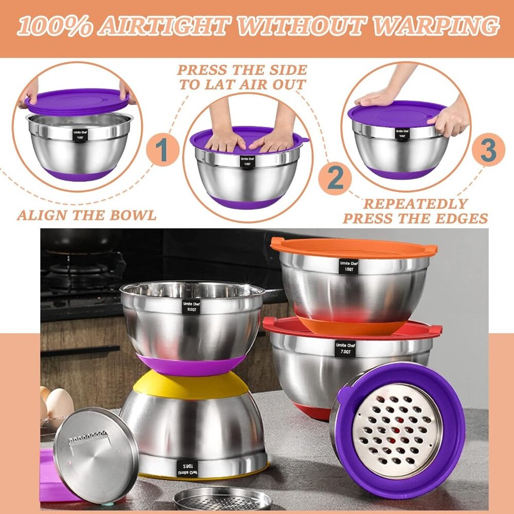 Mixing Bowls with Airtight Lids, 26Pcs Stainless Steel Bowls Set, 3 Grater Attac - Picture 3 of 7